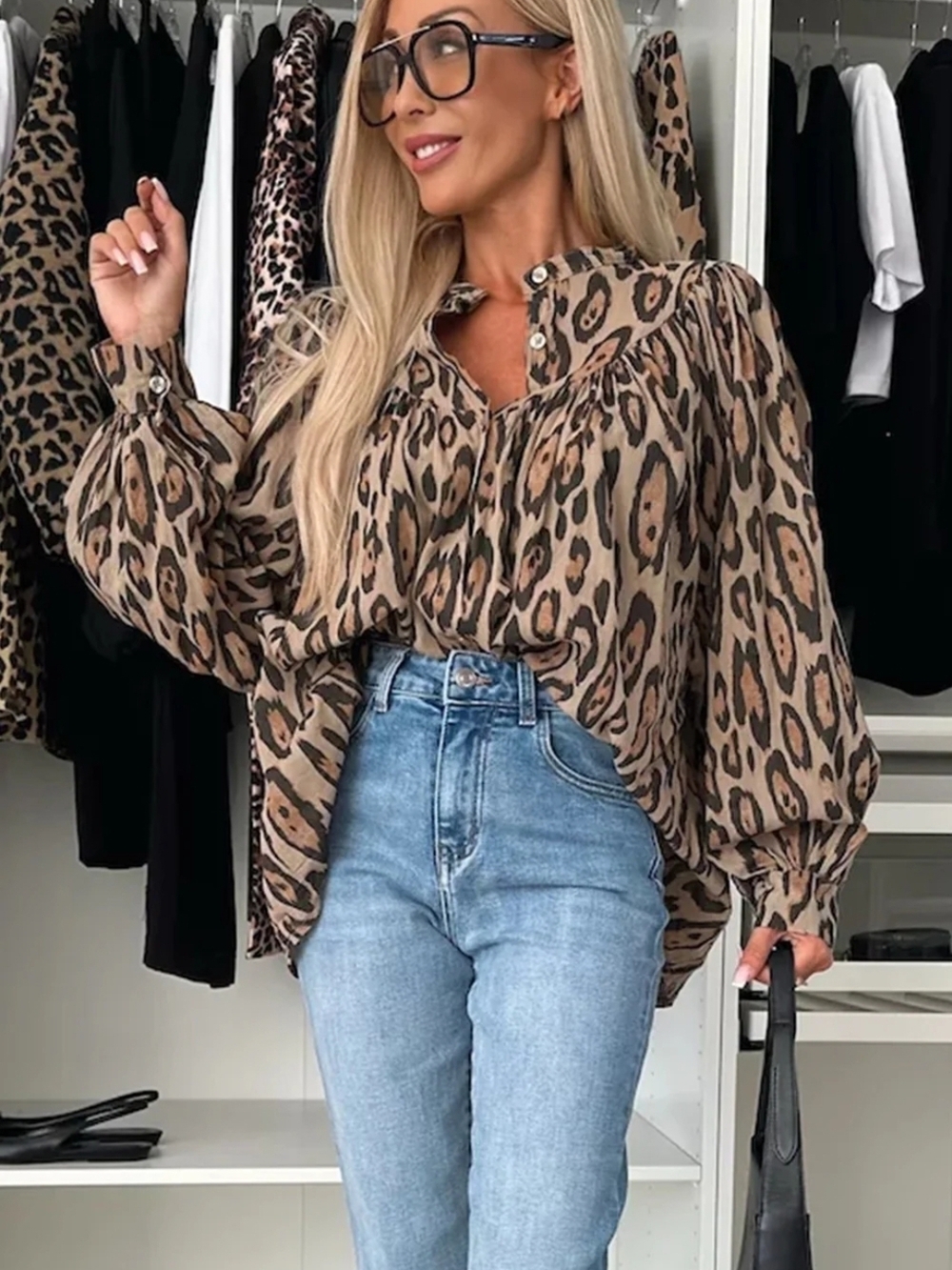 Leopard Print Balloon Sleeve Blouse - Brown